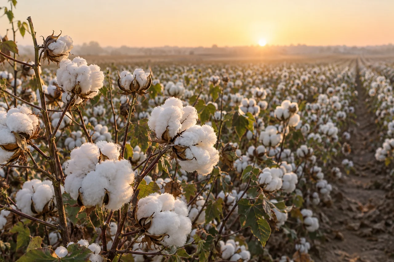 Mature cotton bolls in a sunlit field; conceptual image