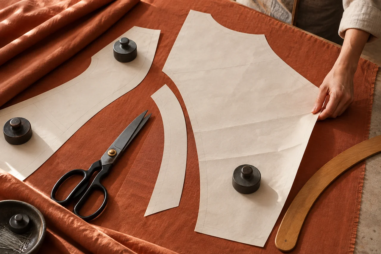 Garment patterns and cutting tools on fabric; conceptual image